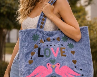 Handmade Velvet Boho Tote Bag, Embroidered Love Birds Floral Design Shoulder Bag