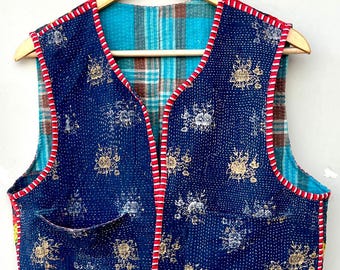 Omkeerbaar kantha-jack voor dames | Handgemaakt vintage kantha gewatteerd vest |  Indiaas ambachtelijk jack met zakken