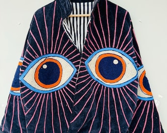 Black Velvet Eye Embroidery Jacket, Handmade Boho Kimono Coat, Festival Statement Outerwear