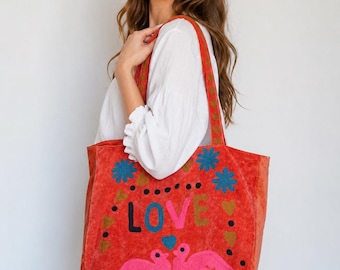 Draagtas roze flamingo liefde, handgemaakte fluwelen schoudertas, boho geborduurde draagtas, grote strandtas, cadeau voor haar