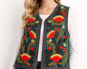 Hand Embroidered Suzani Vest, Teal Boho Floral Ethnic Jacket, Festival Koti Waistcoat