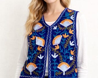 Hand Embroidered Suzani Vest, Boho Floral Ethnic Jacket, Sleeveless Koti, Festival Wear