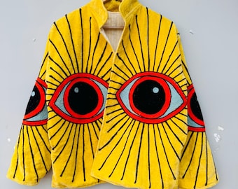 Eye Embroidery Velvet Jacket Handmade Boho Statement Coat, Festival Wear, Artistic Outerwear by Local