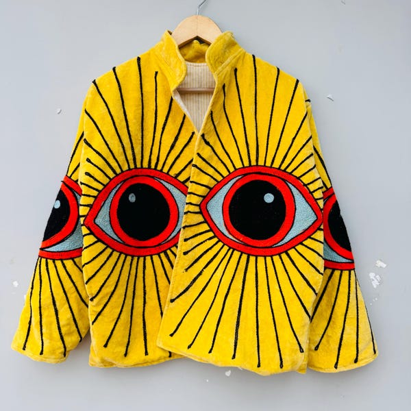 Eye Embroidery Velvet Jacket Handmade Boho Statement Coat, Festival Wear, Artistic Outerwear by Local
