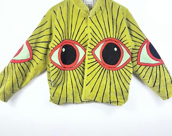 Olive Green Velvet Embroidered Jacket, Boho Kimono Coat, Evil Eye Artistry