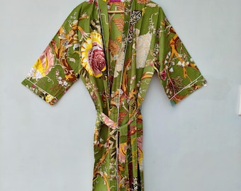 Boho Kimono Robe – Handmade Cotton Loungewear | Olive Green Tropical Floral Print | Lightweight, Stylish