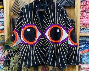 Velvet embroidery jacket - Eye design festival coat, Handmade boho outwear, Spiritual | festival clothing
