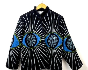 Eye Embroidery Velvet Jacket – Handmade Boho Festival Coat | Unique Statement Outerwear | Artisan Hippie Clothing