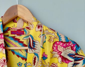 Boho Kimono Robe – Handmade Cotton Loungewear | Vibrant Yellow Floral Print | Lightweight, Comfy & Stylish