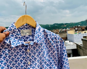 Camicia in cotone fatta a mano con stampa a blocchi blu a maniche lunghe / Camicia etnica indiana / Top casual