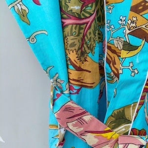 Boho Kimono Robe – Handmade Cotton Loungewear | Tropical Turquoise Floral Print | Lightweight, Comfy & Unique Gift for Her