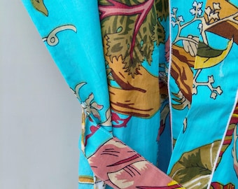 Boho Kimono Robe – Handmade Cotton Loungewear | Tropical Turquoise Floral Print | Lightweight, Comfy