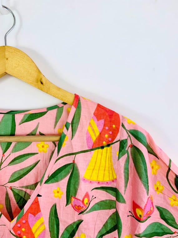 boho bird dresses Handmade Cotton Maxi Dress | Pink & Leaf Print | Loose Fit Dress Embroidered dress