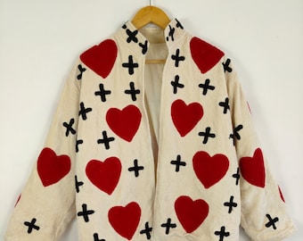 Handmade Heart Cross Embroidered Jacket Soft Cotton Velvet Boho Coat, Cozy Artisan Outerwear, Unique