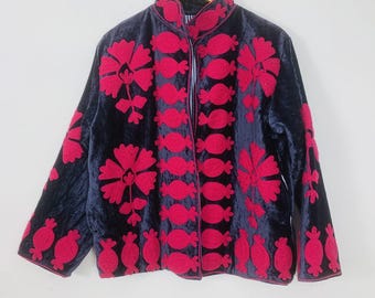 Velvet Suzani coat |  Blue Boho Coat | Handmade floral Jacket | Artisan Made Outerwear | Unique  blazer