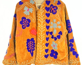 Handmade Embroidered Velvet Jacket | Floral Heart Boho Folk Coat