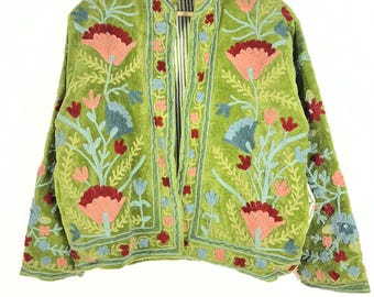 Handmade Green Velvet Jacket | Embroidered Floral Boho Coat