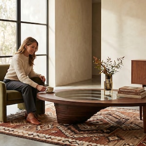 Modern Walnut Glass Coffee Table, Handmade Living Room Furniture, Minimalist Wood Center Table,  -