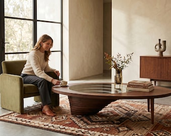 Modern Walnut Glass Coffee Table, Handmade Living Room Furniture, Minimalist Wood Center Table,  -