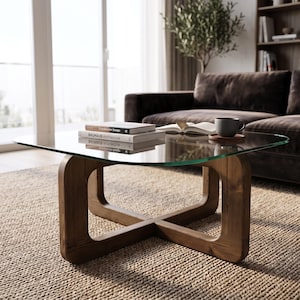 Op de afbeelding: Een salontafel met een vierkant glazen blad en een donkerbruine houten basis met een kruisvormige ondersteuningsstructuur. Twee boeken getiteld Scandinavian Design en Bauhaus Architecture liggen op het glas, naast een grijze keramische mok.