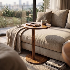 May include: A round wooden side table with a single central pedestal base. On the tabletop sits a brown leather-bound notebook with a black pen resting on top, and a ceramic mug containing a hot beverage with visible steam rising from it.