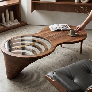 Moderner Couchtisch aus Holz mit Glasplatte, Spiraldesign, gehärtetes Glas & MDF, stilvolles Wohndekor,
