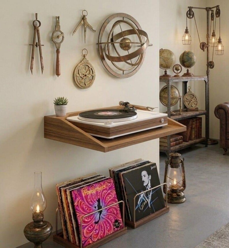 Floating Turntable Wall Shelf Walnut, Handmade Solid Wood Record Player ...
