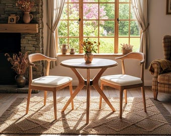 May include: A small, round wooden table with two matching chairs, set on a textured rug. The chairs have curved backs and white seat cushions. A vase of flowers sits on the table, and a large window with a view of trees is in the background.
