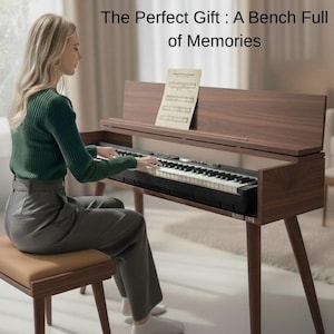 May include: A brown wooden piano with a bench. The piano has black and white keys and a music stand with sheet music. The text on the image reads: "The Perfect Gift: A Bench Full of Memories."