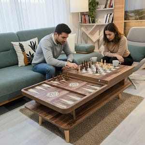 Table basse convertible, jeu d'échecs - backgammon, bureau de salle à manger, ordinateur portable - table d'étude, multifonctionnel -