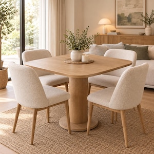 Può includere: Un tavolo da pranzo quadrato in rovere chiaro con base a piedistallo centrale, accompagnato da quattro sedie imbottite in tessuto testurizzato color crema con gambe in legno chiaro, disposte su un tappeto in fibra naturale intrecciata.