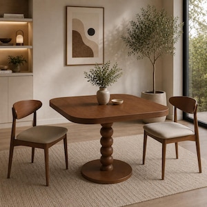 May include: A square wooden dining table with a central pedestal base featuring a stacked sphere design, accompanied by two wooden chairs with curved backrests and light beige upholstered seats, arranged on a textured area rug.