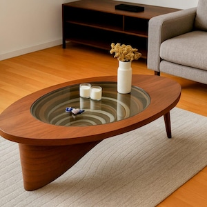 Modern Walnut Glass Coffee Table, Handmade Living Room Furniture, Minimalist Wood Center Table, Contemporary Coffee Table