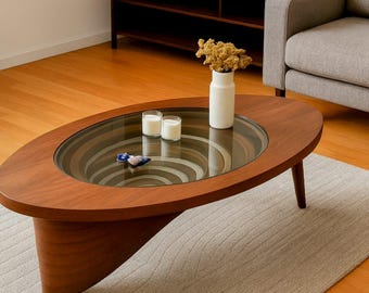 Modern Walnut Glass Coffee Table, Handmade Living Room Furniture, Minimalist Wood Center Table,  -
