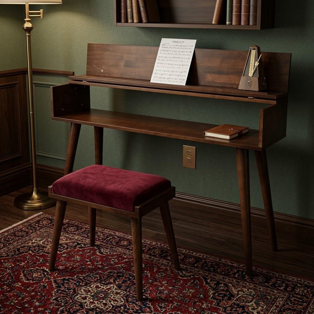 Mid Century Modern Solid Wood Piano Stand & Bench Set – Handmade