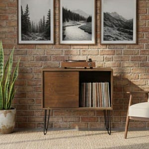 May include: A wooden record player console with a sliding door, black hairpin legs, and a collection of vinyl records. Three framed black and white landscape prints hang above the console on a brick wall. A potted plant and a chair are also in the image.