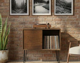 Large Record Player Stand, Solid Wood Turntable Table, MCM Vinyl Storage, Mid Century Modern Record Player Console, Retro Media Cabinet