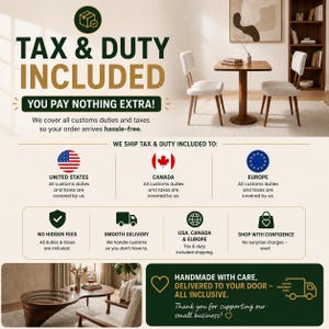 May include: An informational graphic with dark green and gold text stating TAX & DUTY INCLUDED, YOU PAY NOTHING EXTRA, and listing the United States, Canada, and Europe as regions covered. It features icons of a shield, truck, globe, and shopping bag.
