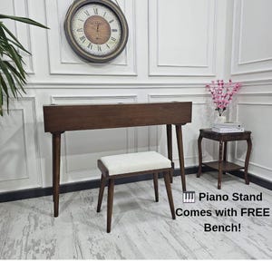 Halverwege de eeuw digitale pianostandaard met bank – handgemaakte houten toetsenbordtafel – cadeau voor muzikant – minimalistisch studiodecor