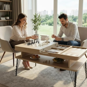 May include: A light wood coffee table with a built-in chess and backgammon board. A chess game is in progress. The table has a lower shelf with fruit and dice. Two people are seated at the table.