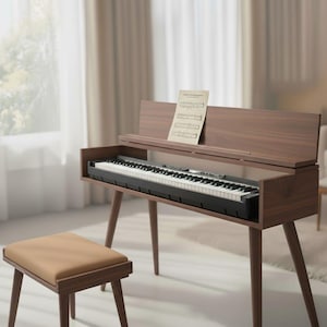 May include: A wooden digital piano with a bench. The piano has a dark brown finish with a black keyboard and white keys. A sheet of music rests on the music stand. The bench has a brown leather seat and wooden legs.