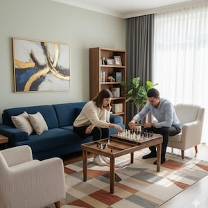 May include: A living room with a blue sofa, armchairs, and a patterned rug. A couple plays chess on a wooden coffee table. A bookshelf and abstract art piece are in the background. The room has a neutral colour palette.