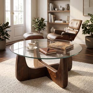 May include: A round coffee table with a clear glass top and a dark brown wooden base featuring intersecting curved legs. On the table sits a white ceramic teacup on a saucer, a brown leather-bound notebook with a pen, and a book titled The Mid-Century Home.