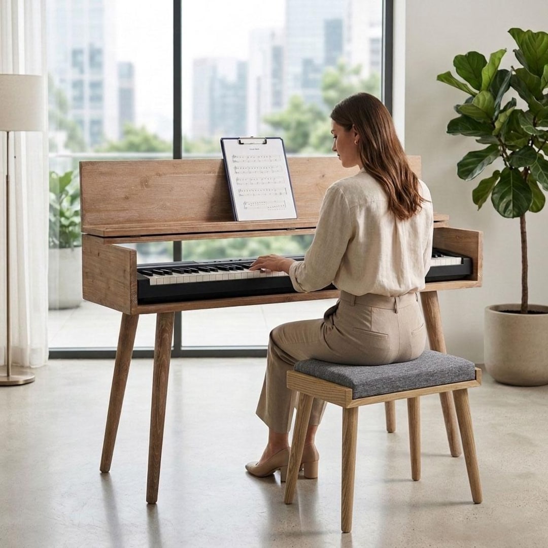mezzo piano テーブル Mid Century Digital Piano Stand With Bench – Handmade Wood