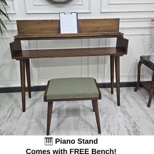 Halverwege de eeuw moderne massief houten pianostandaard en bankset – Handgemaakte digitale keyboardtafel met gestoffeerde zitting – Minimalistische lessenaar