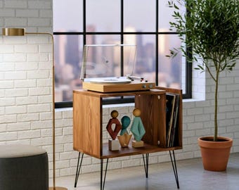 Large Vinyl Record Player Stand, Turntable Station with Storage, Retro LP Cabinet, Mid Century Record Organizer