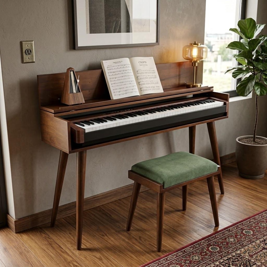 Mid Century Modern Solid Wood Piano Stand & Bench Set – Handmade
