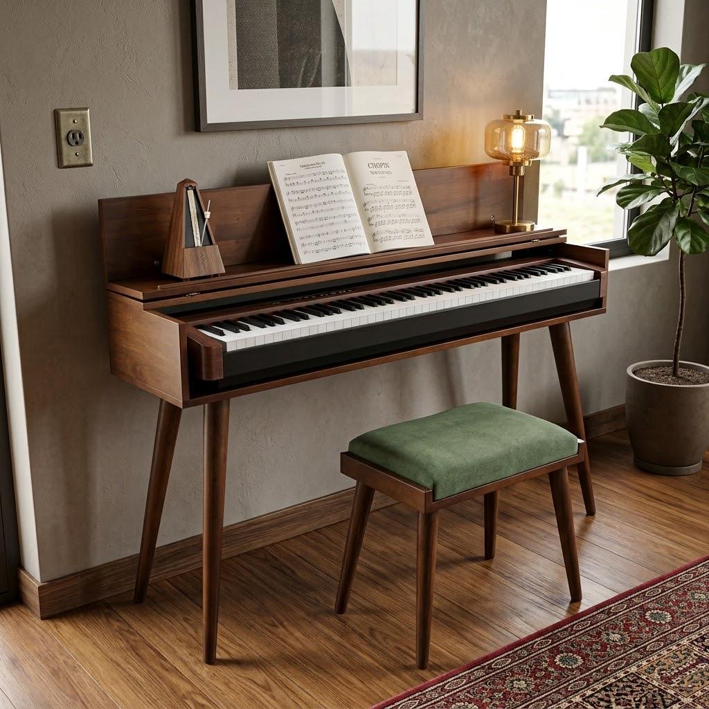 Mid Century Modern Solid Wood Piano Stand & Bench Set – Handmade