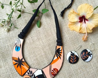 Hand-Painted Terracotta Necklace Set: Tribal Boho Jewelry