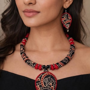 Handgjort tyghalsbandset | Boho etniska smycken med matchande örhängen